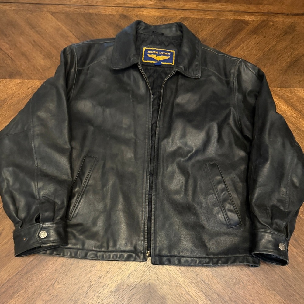 Airborne Leathers Mens XL Black Cow Nappa Leather Bomber Flight Jacket Quilted